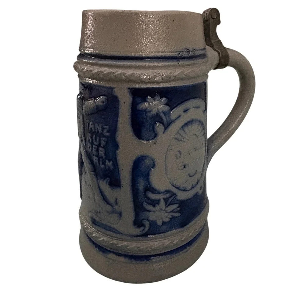 Vintage German Stoneware Beer Stein Tanz Auf Der Alm Cobalt Blue Salt Glaze 7.5